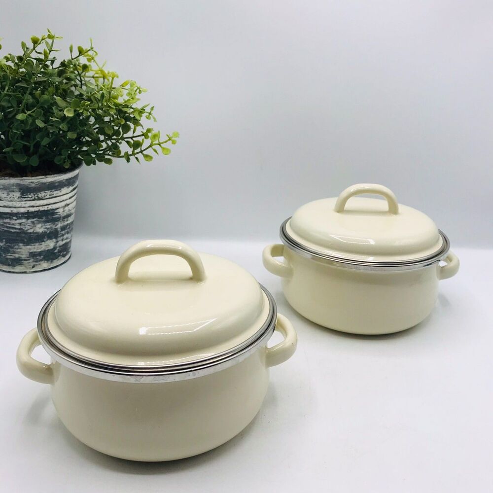 Lot of 2 Megaware Mini Cooking Pots .5 Qt w Lids Enamelware Made in Spain Cream
